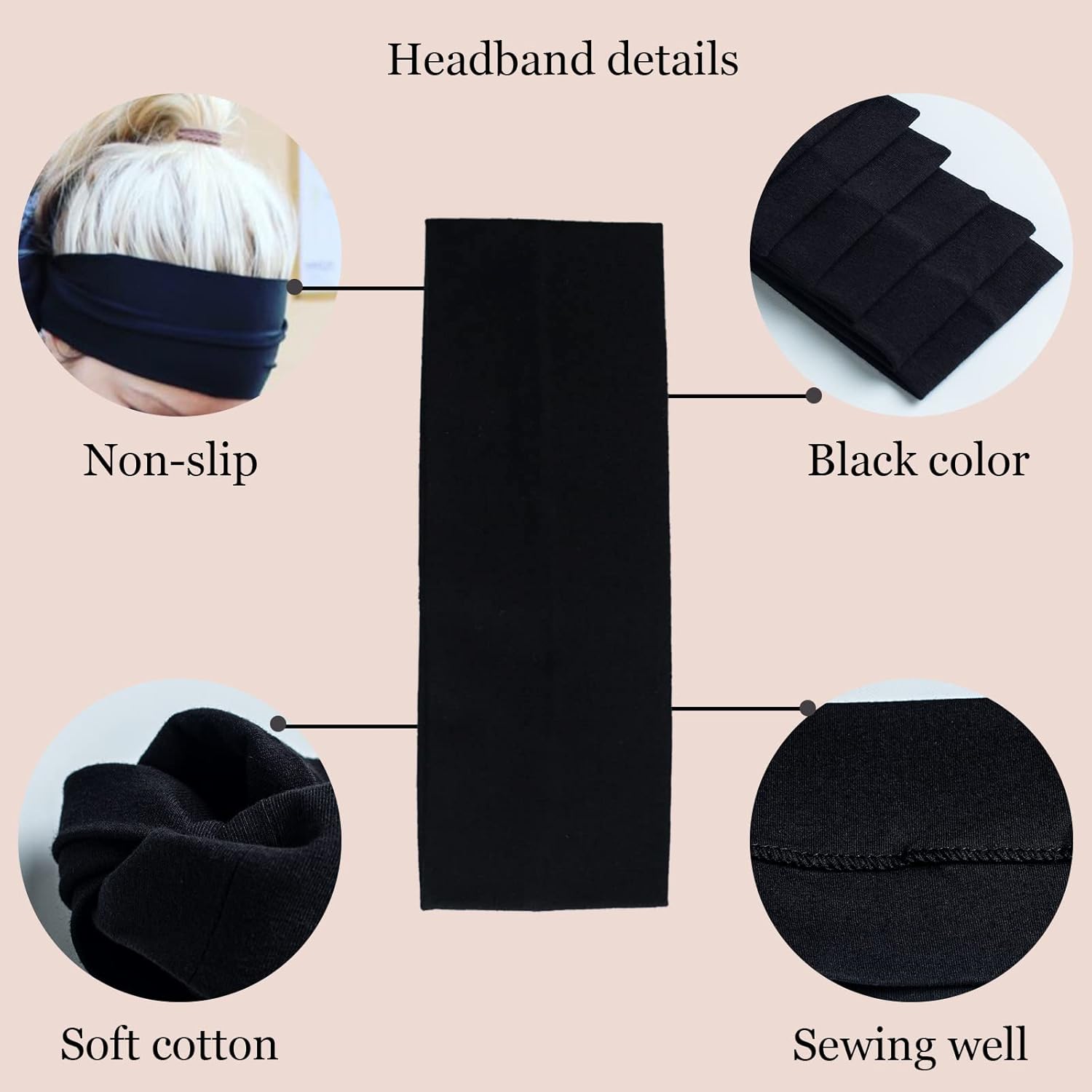 Skiennix 6 Pcs Black Cotton Headbands - Non-Slip, Stretchy Hair Accessories for Women