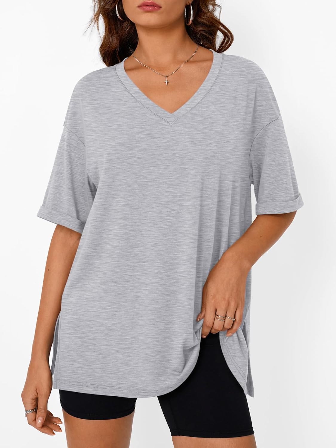 Trendy Queen Plus Size Oversized V-Neck T-Shirt - Breathable Elastic Fabric for Gym & Casual Wear