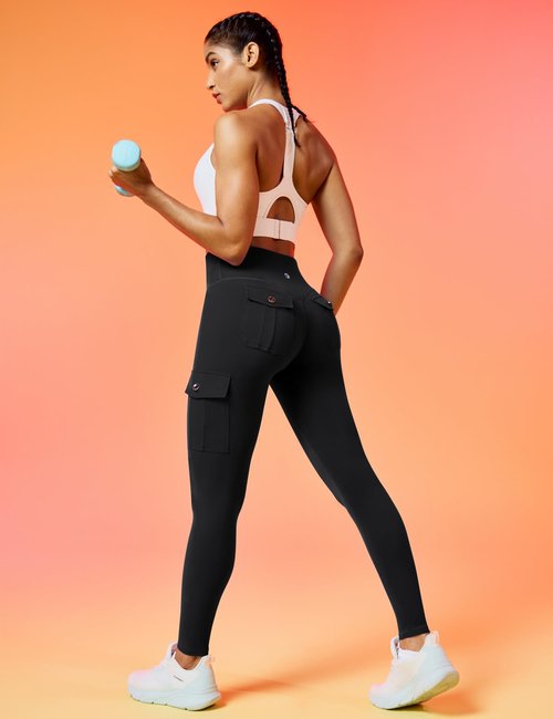 IUGA Butt Lifting Leggings for Women High Waisted Workout Cargo Leggings with Pockets Gym Yoga Pants Tummy Control Black