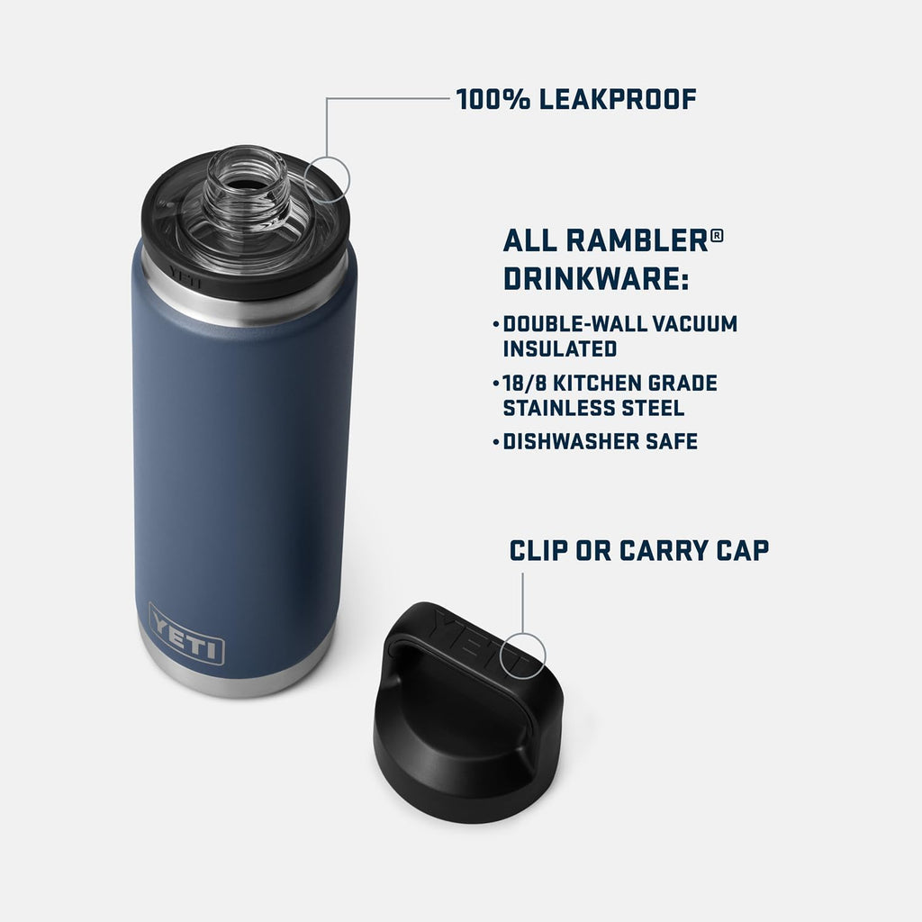 YETI Rambler 26 oz Bottle, Leakproof, Vacuum Insulated, Stainless Steel with Chug Cap, Rescue Red
