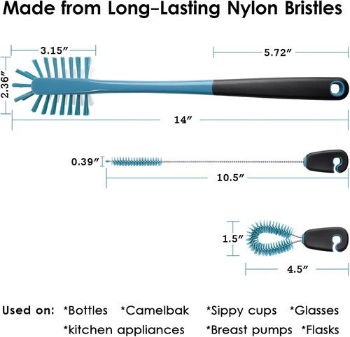 3-in-1 Water Bottle Cleaning Brush Set | Long Handle Scrubbing Brush for Tumblers, Straws & Baby Bottles - Smokey Blue