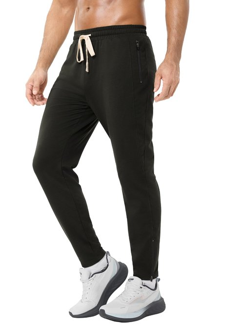 PLEPAN Mens Jogger Sweatpants Slim Fit Workout Pants for Gym Bodybuilding Training with Zipper Pockets Black L
