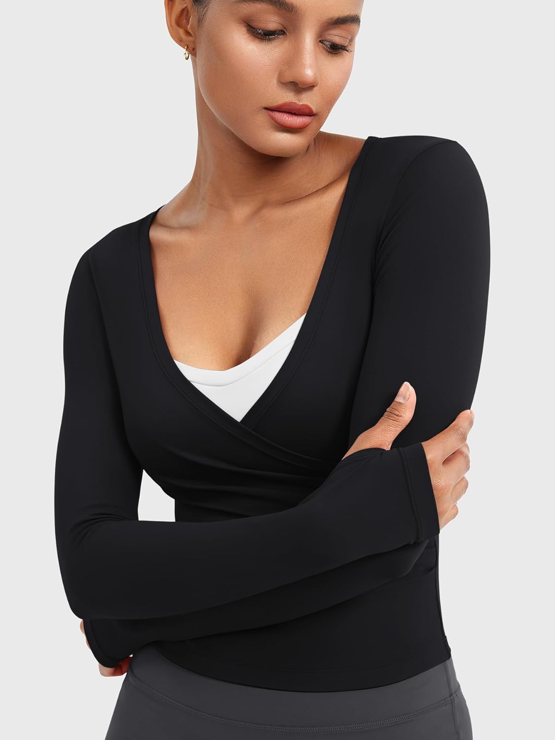 YEOREO Women's Long Sleeve Workout Wrap Top - V Neck with Thumb Holes for Yoga & Pilates
