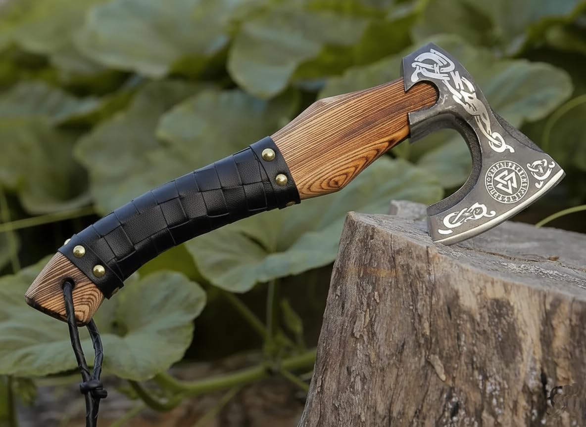 Viking Axe Ashwood Handle Handmade Carbon Steel Blade, Outdoor Camping Hunting, Norse Hatchets Axes, with Black Leather Wrapped Handle & Leather Sheath Wood Splitting Axes