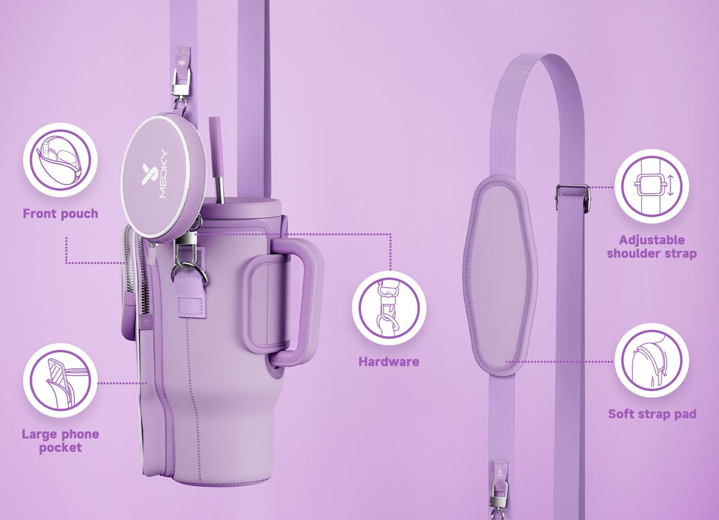 Meoky Water Bottle Carrier Bag with Phone Pocket for 40 oz Tumbler with Handle, Neoprene Water Bottle Holder Pouch with Adjustable Strap, 2 Carabiner Clips (Lilac)
