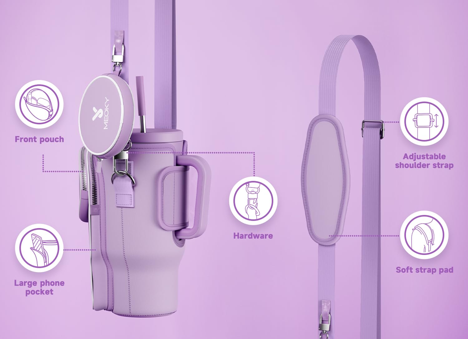 Meoky Water Bottle Carrier Bag with Phone Pocket for 40 oz Tumbler with Handle, Neoprene Water Bottle Holder Pouch with Adjustable Strap, 2 Carabiner Clips (Lilac)