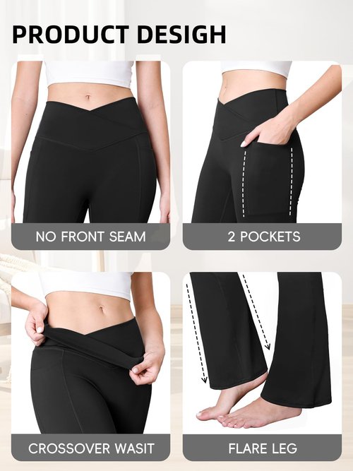 COPYLEAF Flare Leggings with Pockets for Women Seamless Crossover Yoga Pants with Tummy Control Bootcut Work Pants Trendy Black