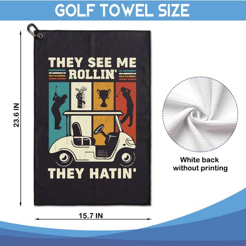 GEYGIE They See Me Rollin' They Hatin' Embroidered Towels with Clip and Golf Brush with Retractable Extension Cord, Funny Golf Towel Gifts and Accessories Set for Men, Women Golfers and Fans