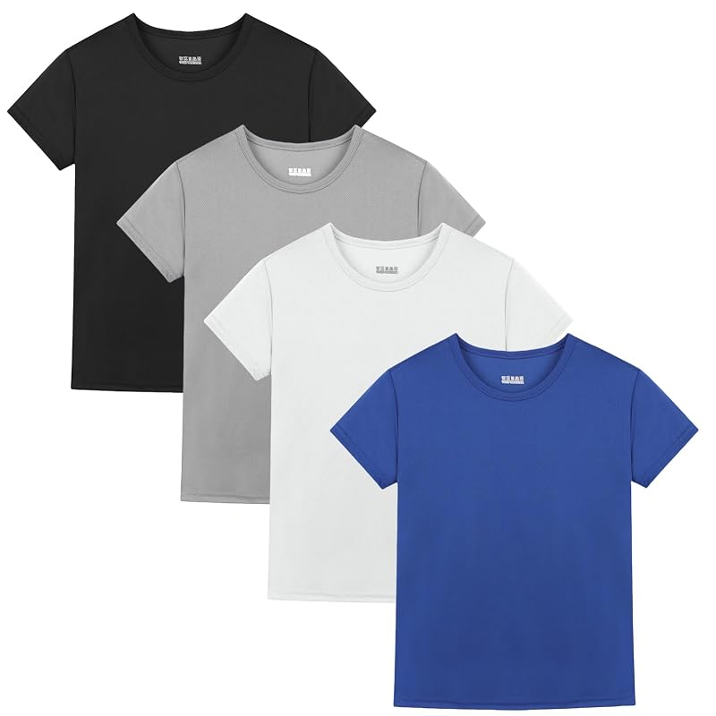4 Pack Boys Quick Dry T-Shirts - Mesh Moisture Wicking Active Tee (4-18 Years) Black Gray White Dark Blue