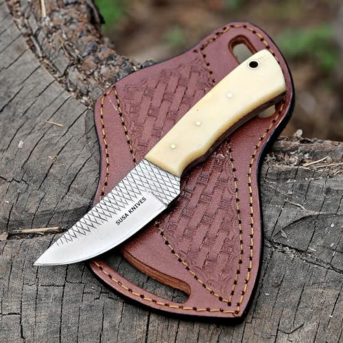 Handmade 7-Inch Fixed Blade Cow Boy Knife Damascus Steel with Camel Bone Handle & Leather Sheath - SUSA 116