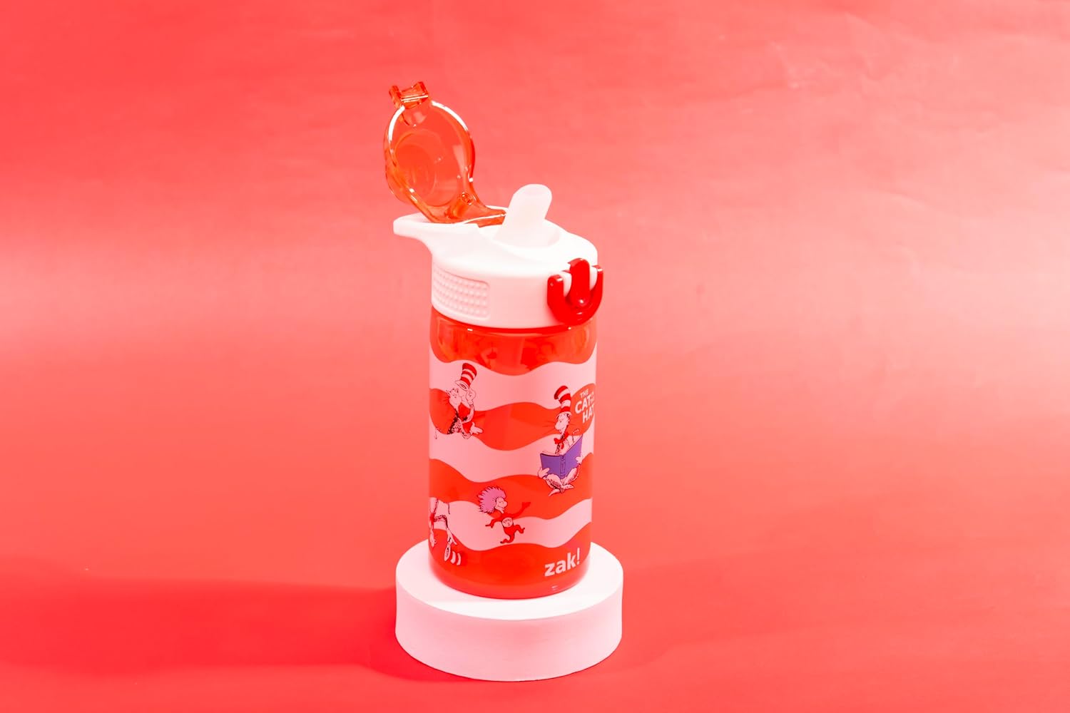 Zak Designs Dr. Seuss Kids Water Bottle - 16oz Durable Plastic with Straw & Leak-Proof Spout | The Cat in the Hat
