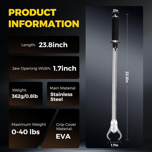 Fish Gripper - 23.8" Stainless Steel Lip Gripper with Scale | 40LB Capacity & Non-Slip EVA Handle