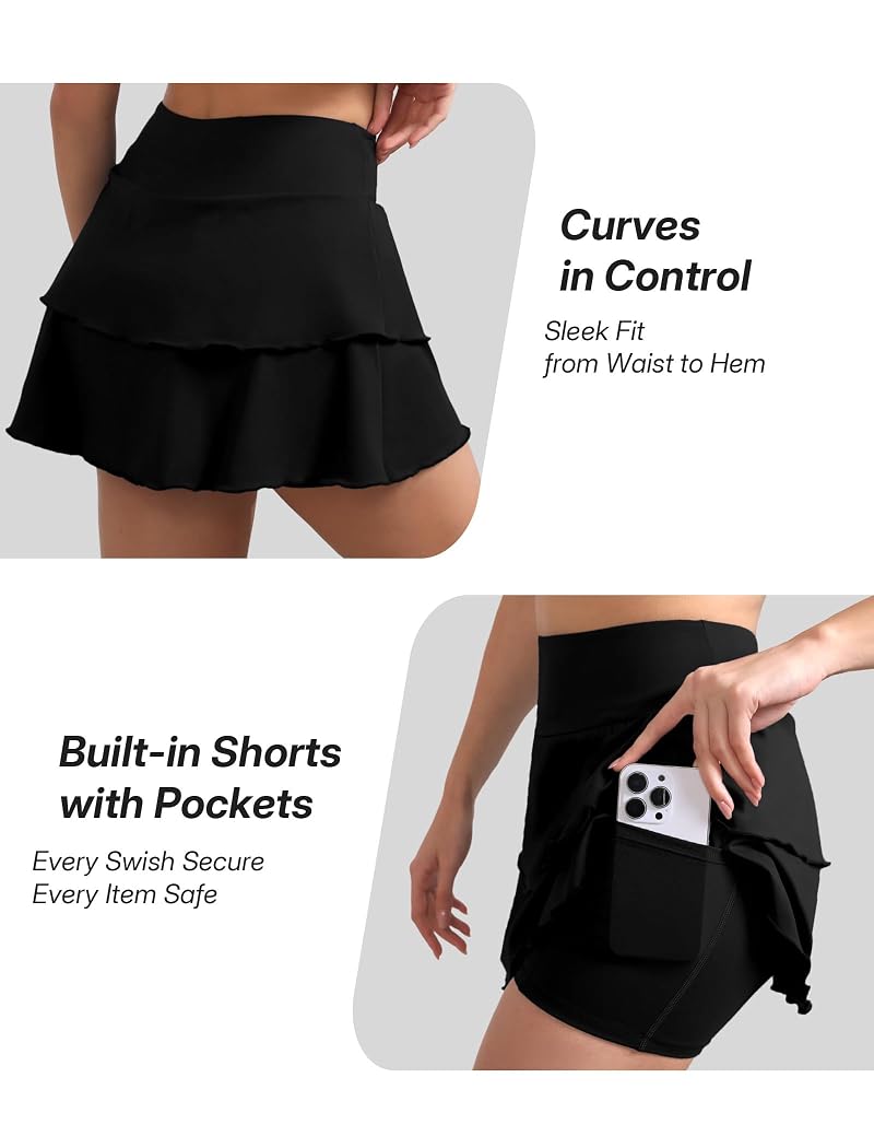 DLOODA Women's Skort with Pockets - Double Ruffle Tennis Skirt, Black Large