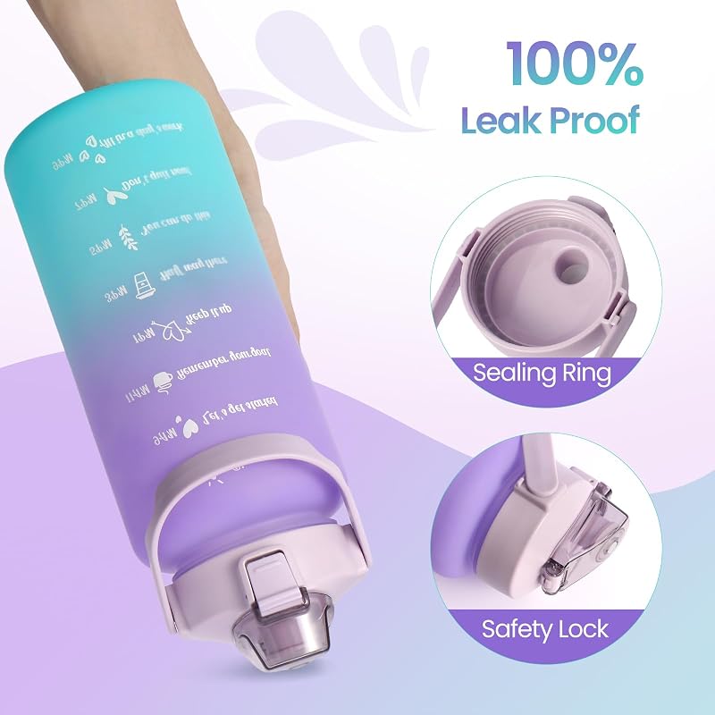 64 oz Time Marker Water Bottle with Straw, Half Gallon Gym Bottle - Purple Cyan (Variation: Purple Cyan)
