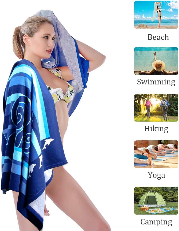 Skiennix Microfiber Beach Towels - Quick Dry & Sand Proof, 30"x60", Dolphin Design (2-Pack)