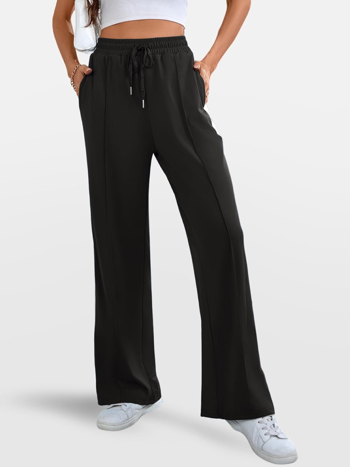 Skiennix Wide Leg Sweatpants - High Waisted Baggy Track Pants with Pockets | Striped Design