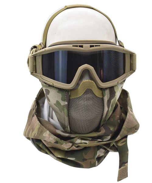 JFFCESTORE Ear Protection Foldable Half Face Airsoft Mesh Mask with Goggles and Headgear Hoods Protective Paintball Headgear Mask Tactical Lower Face Protective Mask CP