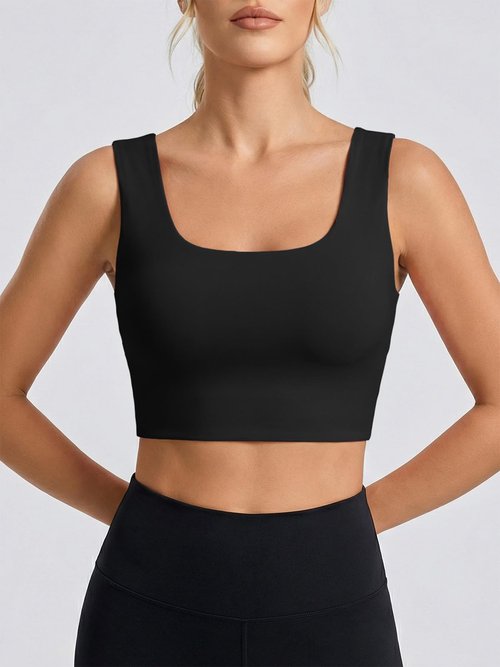 Aoysky Womens Buttery Soft Square Neck Sports Bras Compression Padded Longline Yoga Workout Running Crop Tops Black