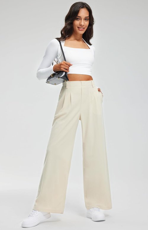 Libin Women's Wide Leg Pants - 29" High Waisted Waffle Knit Casual Trousers with Pockets | Beige, Size M