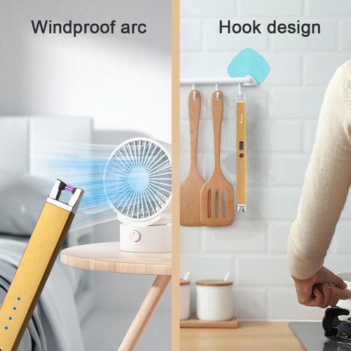 Electric Arc Windproof USB Lighter Flameless Rechargeable Lighter with Safety Lock for Candle (Gold, 3Packs)
