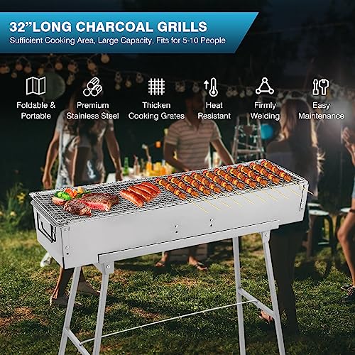 Portable Charcoal Grill with Stand - 32 Inch Outdoor BBQ, Folding Legs, Stainless Steel
