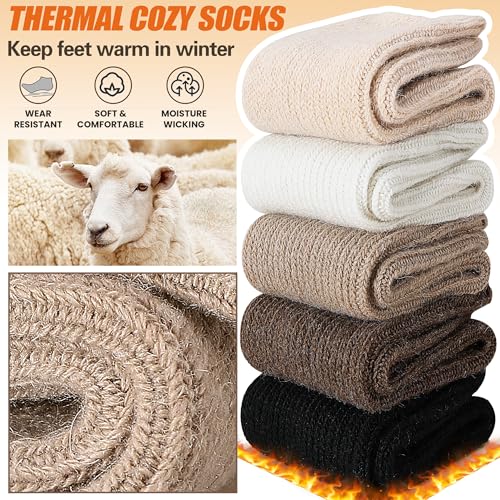 Women Merino Wool Slouch Boot Socks 5 Pairs - Large White Khaki Black Thermal Cozy Winter