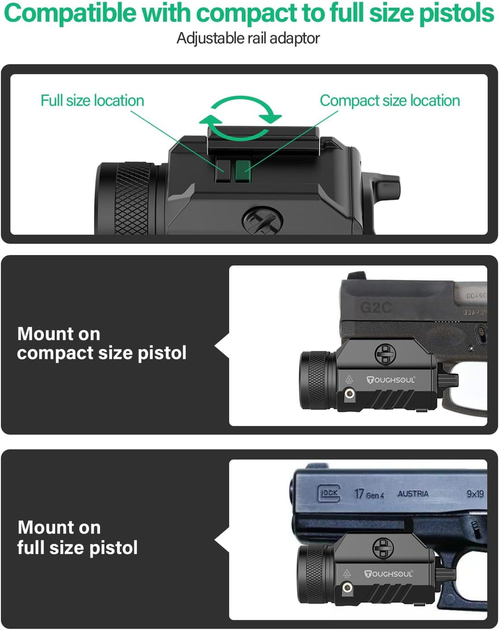TOUGHSOUL Pistol Light - 1200 Lumens Green Laser & White LED Flashlight | Rechargeable Battery