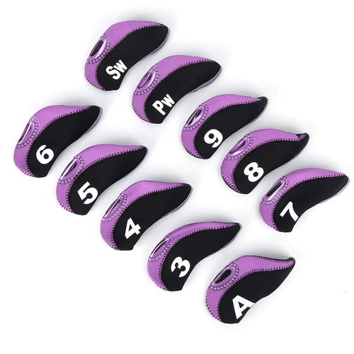 Chazcool Number Print Golf Iron Club Head Covers,10Pcs Neoprene Head Cover, Number Golf Club Irons Covers, Black Purple