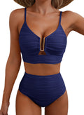 Herseas Womens High Waisted Bikini Sets Ribbed 2 Piece V Neck Bathing Suit U-Wired Popular Swimsuit Push Up Swimwear Modest Cruise Essentials 2026 Summer Navy Blue Small