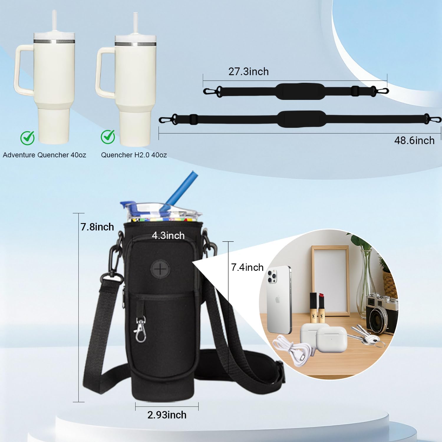 Regine Switzerland Water Bottle Carrier Bag - Neoprene Holder for Stanley Cup 40oz | Adjustable Strap & Handheld Design