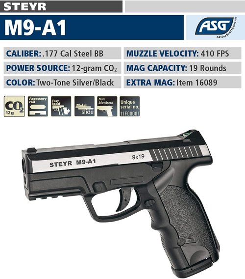 ASG Steyr M9-A1 .177 Caliber Steel BB Gun - Non-Blowback Air Pistol in Silver/Black