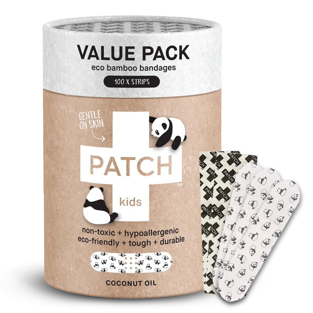 PATCH 100 Pieces, Coconut Oil, Value Pack, Kids Panda Eco-Friendly Bamboo Adhesive Bandages for Scratches & Grazes, Hypoallergenic Wound Care for Sensitive Skin, Biodegradable, Latex & Plastic Free