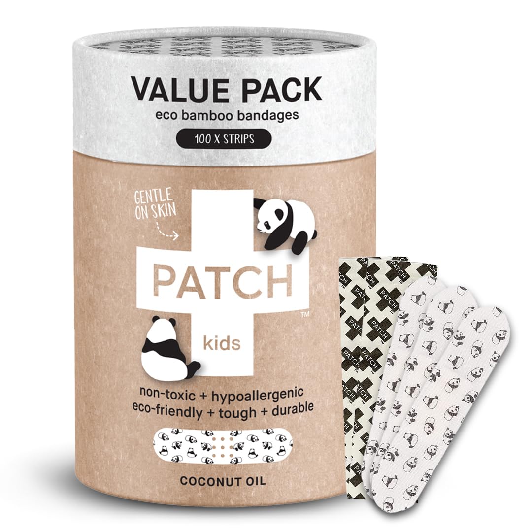 PATCH 100 Pieces, Coconut Oil, Value Pack, Kids Panda Eco-Friendly Bamboo Adhesive Bandages for Scratches & Grazes, Hypoallergenic Wound Care for Sensitive Skin, Biodegradable, Latex & Plastic Free