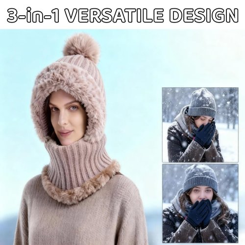 3-in-1 Beanie Hat with Scarf and Mask for Women, Upgraded Winter Warm Knitted Ski Set for Cold Weather Protection Khaki