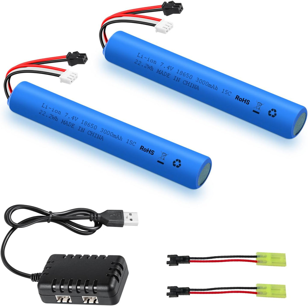 URGENEX Airsoft Battery Pack - 7.4V 3000mAh High Capacity with SM2P & Mini Tamiya Plugs | Fits SRB1200, MP5K, M4