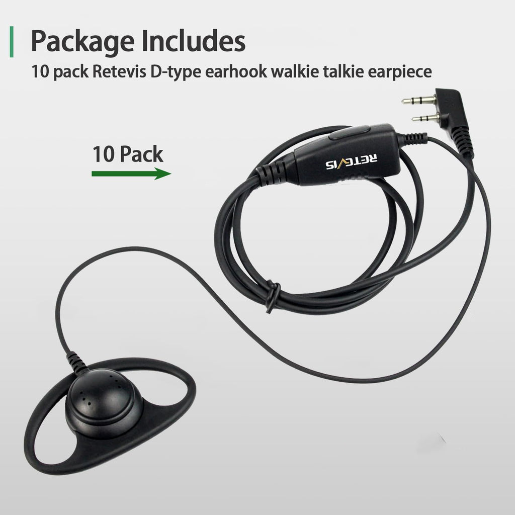 Retevis Case of 10, Walkie Talkies Earpiece with Mic 2 Pin D-Type Headset for H-777 RT22 RT21 RT86S, Compatible with Pxton, Baofeng BF-888S, Kenwood Walkie Talkies, Walkie Talkie Earpiece(10 Pack)