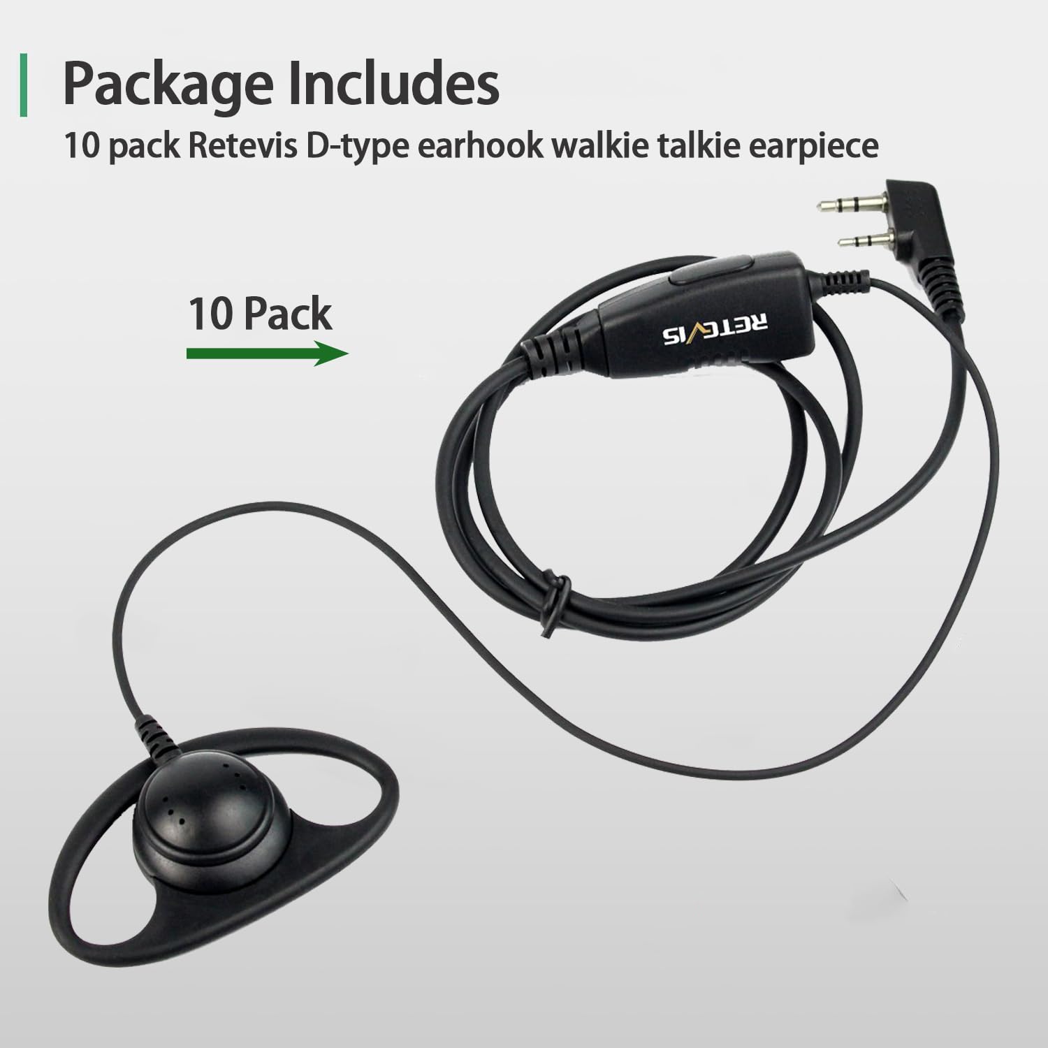 Retevis Case of 10, Walkie Talkies Earpiece with Mic 2 Pin D-Type Headset for H-777 RT22 RT21 RT86S, Compatible with Pxton, Baofeng BF-888S, Kenwood Walkie Talkies, Walkie Talkie Earpiece(10 Pack)
