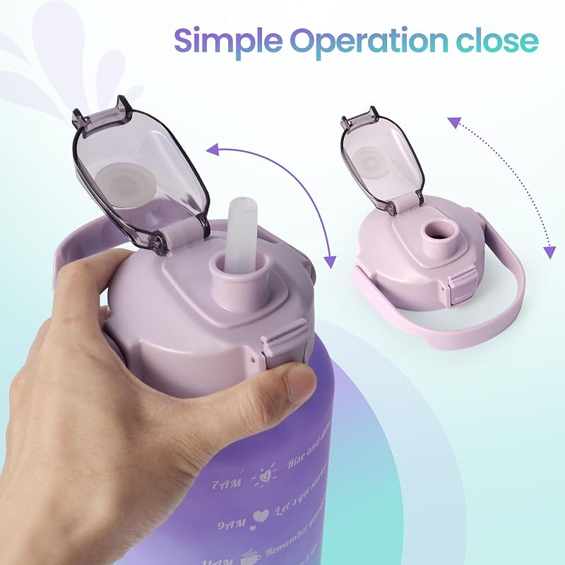 64 oz Time Marker Water Bottle with Straw, Half Gallon Gym Bottle - Purple Cyan (Variation: Purple Cyan)