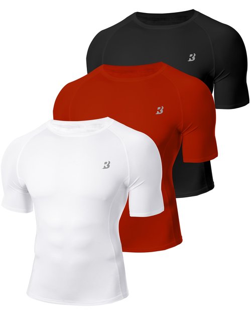 Roadbox Mens Compression Shirt Short Sleeve, 3 Pack Cool Dry Workout Base Layer Undershirts, Athletic T-Shirt for Gym Sports