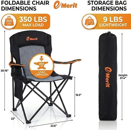 EMERIT Oversized Padded Camping Chair - 350LB Heavy Duty Quad Fold with Lumbar Support & Cup Holder