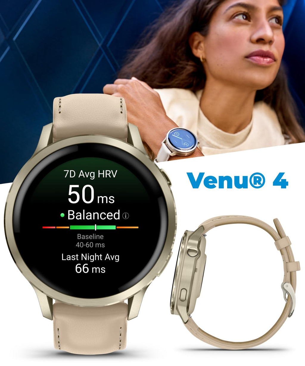 Garmin Venu 4 41mm AMOLED Advanced Health & Fitness GPS Smartwatch, Colorful Display, Built-in Flashlight Lunar Gold w/Bone Silicone & Light Sand Leather Bands w/Wearable4U White Earbuds Bundle
