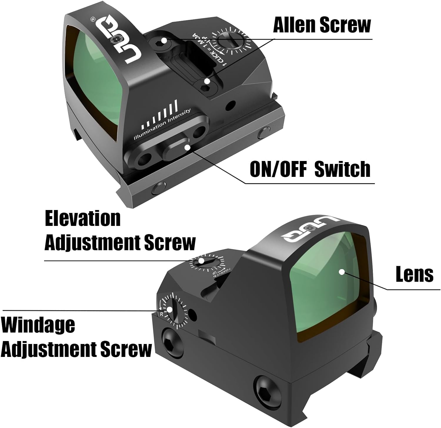 UUQ Mini Reflex Red/Green Dot Sight - 2MOA Precision with 7 Brightness Levels | Fits RMR & 20mm Picatinny Rail