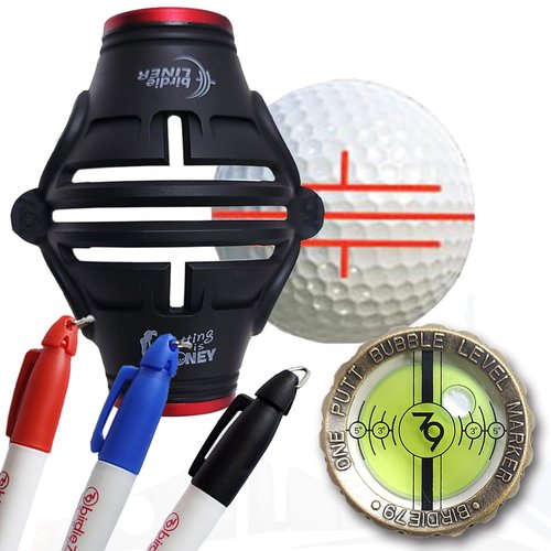 BIRDIE79, 360-Degree Golf Ball Marker & Slope Reading by Bubble Angle Alignment Tool Sets - Triple Line Stencil with 3-Color Pens, Matal Frame Marker