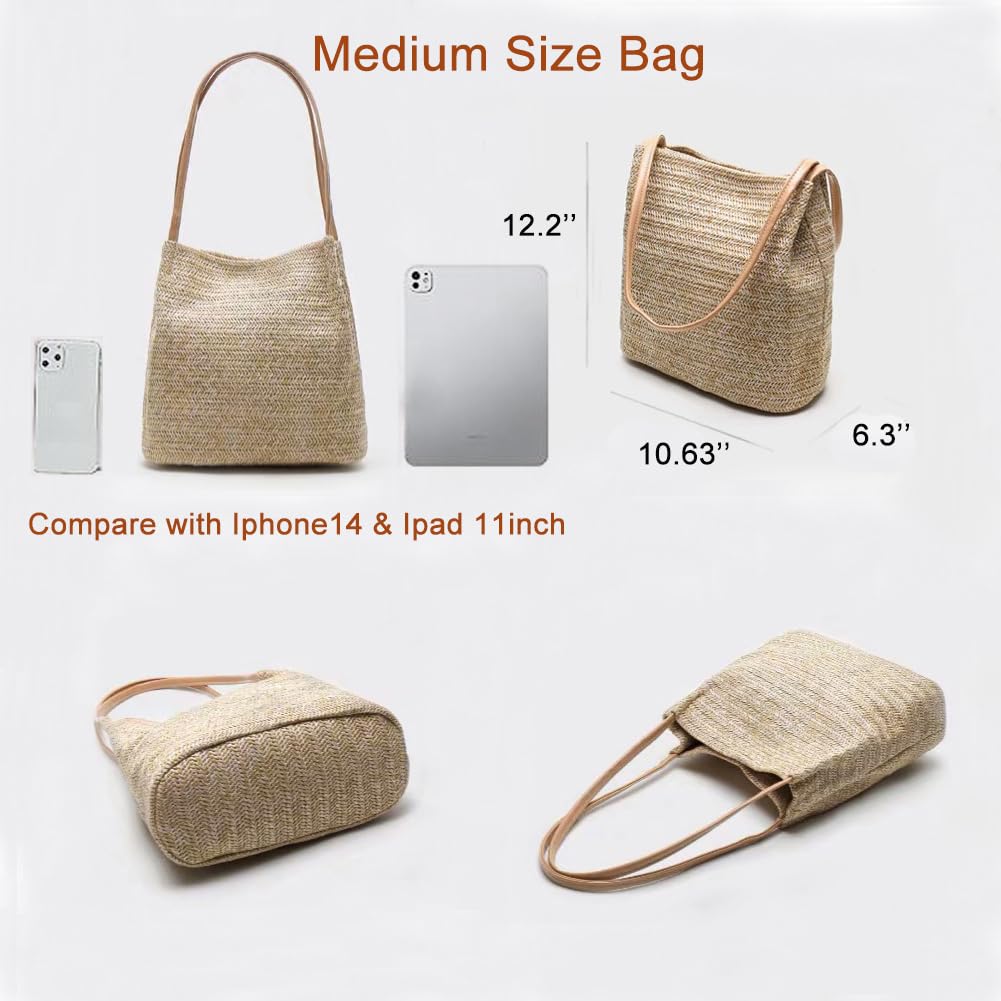Aphoraeny Straw Beach Bag Buckets Totes Handbag Shoulder Bag Tote Bag Women Summer Handbag (A-Dark Beige)