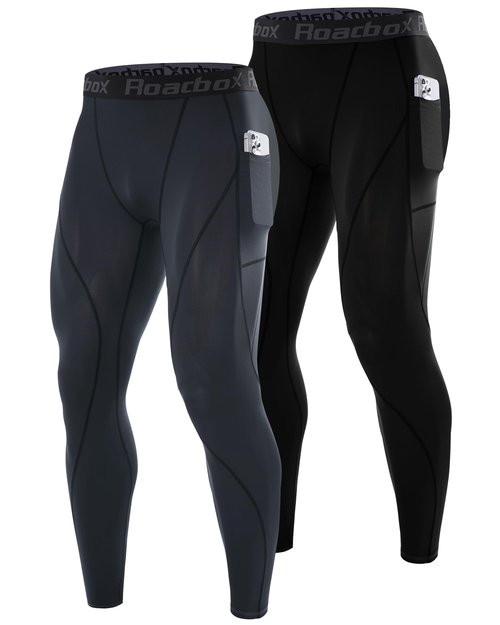 Roadbox Mens Compression Pants with Pockets, 1 or 2 Pack Athletic Running Leggings Baselayer, Lightweight Tights for Gym Basketball Yoga Cycling