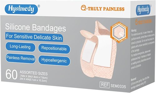 Hysimedy Silicone Adhesive Bandages - Hypoallergenic & Breathable | 60 Count Assorted Sizes for Sensitive Skin