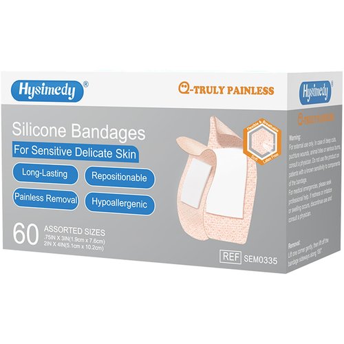 Hysimedy Silicone Adhesive Bandages Assorted Sizes for Sensitive Fragile Skin 60 Count Variety Pack Flexible Fabric Latex Free Hypoallergenic Breathable Bandages for Adhesive Allergy Wounds