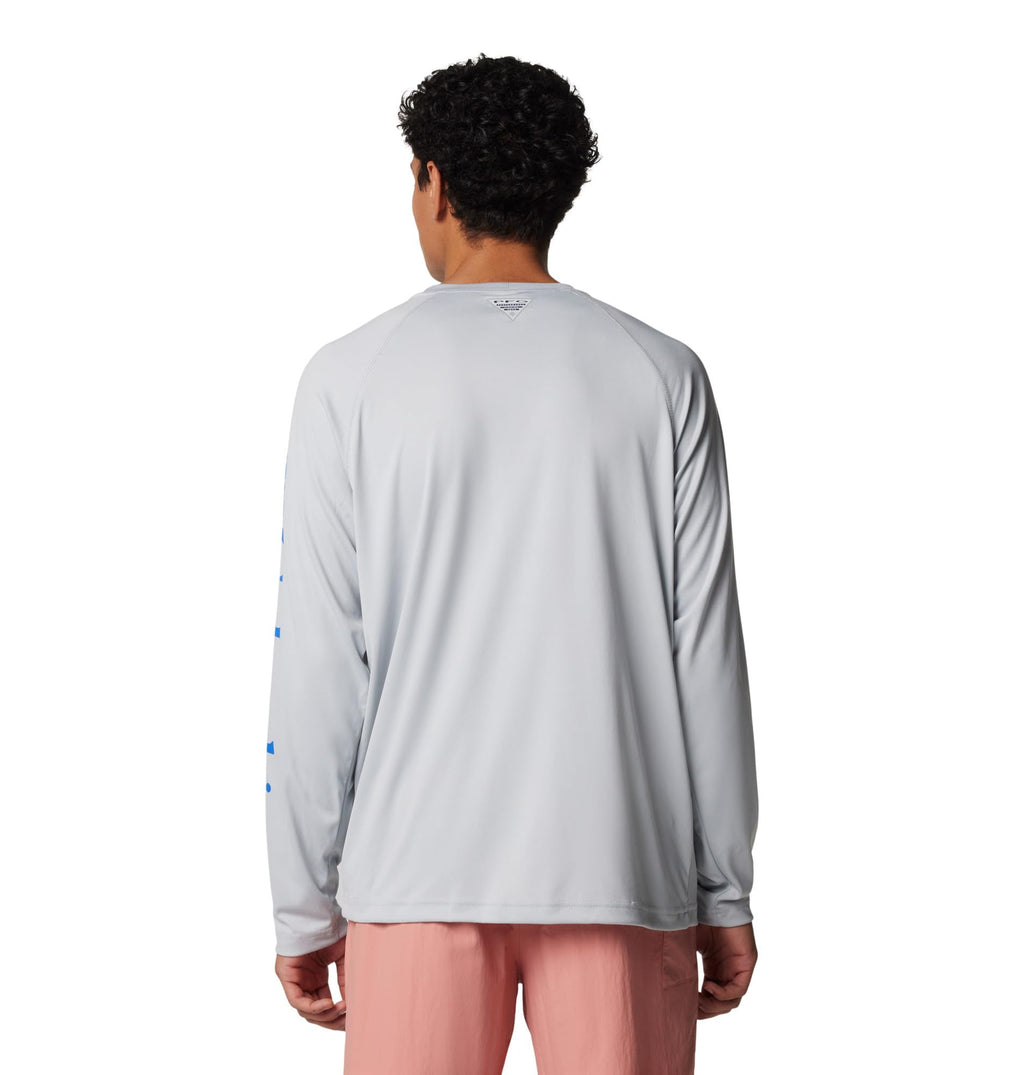 Columbia Men's PFG Terminal Tackle Long Sleeve Fishing Shirt, Cool Grey/Vivid Blue Logo, X-Large Tall