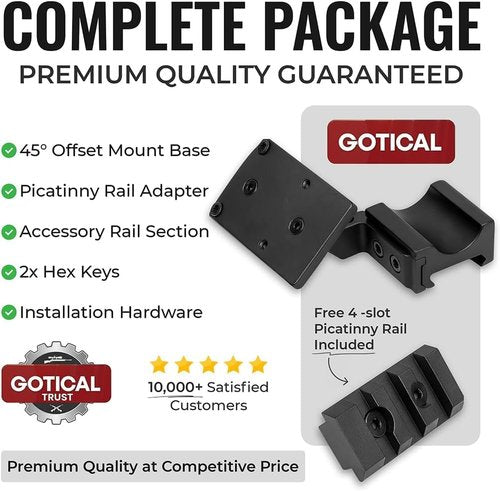 Gotical 45 Degree Angled Low Profile Offset Picatinny Rail Side Mount Adapter with Build-in 4-Slot 1.7 Inch Picatinny Rail, Red Dot Riser Black Finish Type III Hard Coat Anodized