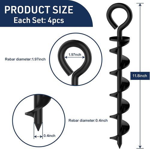 Eurmax USA Canopy Tent Stakes - Durable Corkscrew Steel Design with Installation Tool & 4 Wind Ropes | Set of 4 (Black)